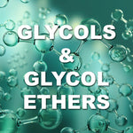 Glycols and Glycol Ethers. Illustration of  chemicals floating in a green liquid.