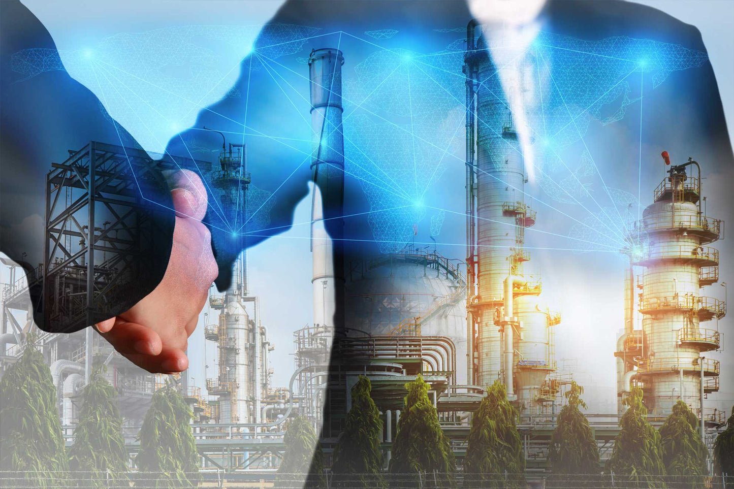 Business men shaking hands and a oil refinery.