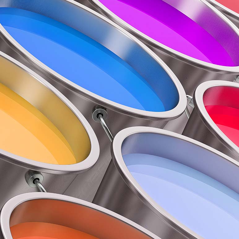 Different colors of paint in cans. 