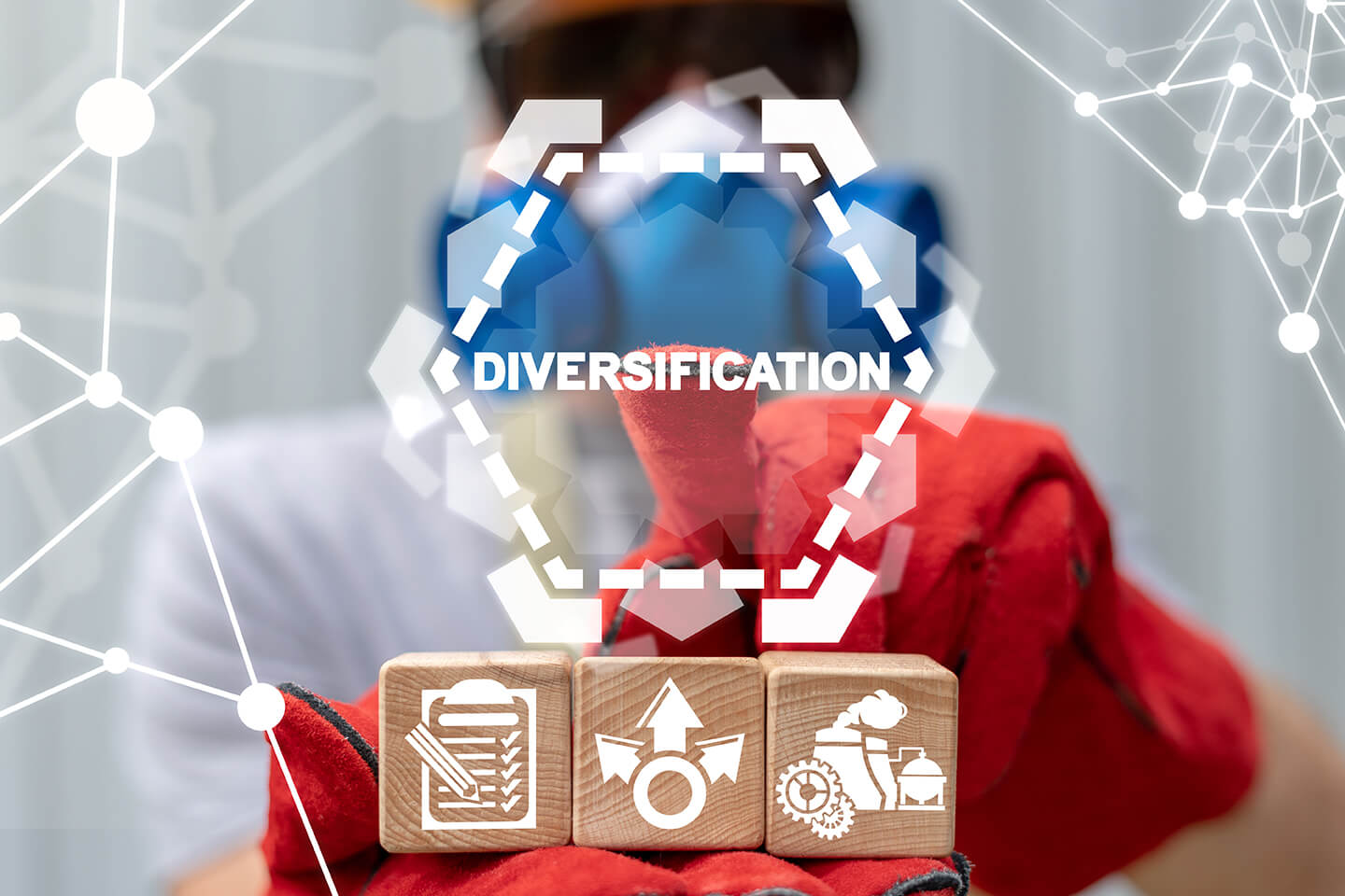 Image composition of the word Diversification in the center of a hexagram with building blocks underneath it.