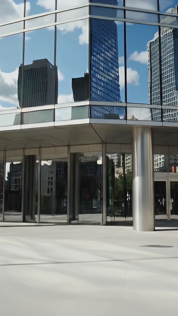 Tall glass building with mirror windows made with Silver Nitrate.
